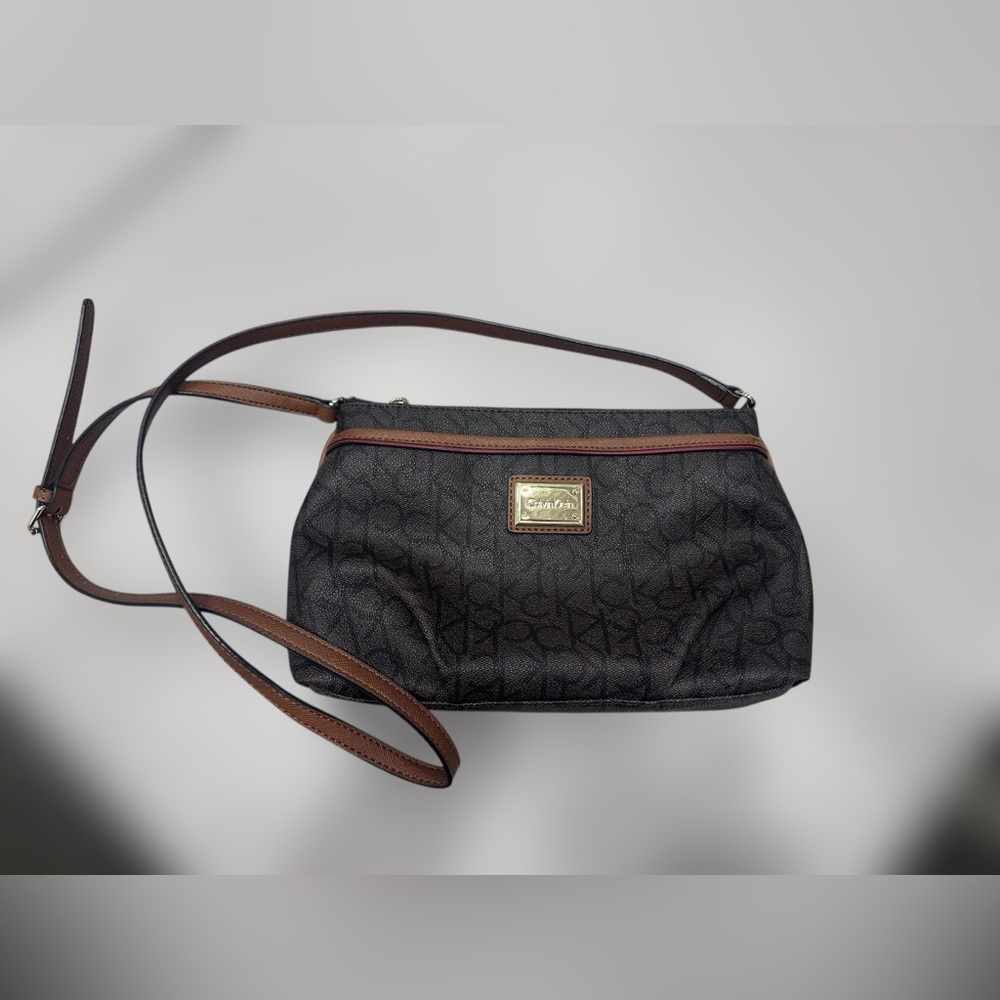 Calvin Klein Monogram Logo Zip Top Crossbody Bag Brown